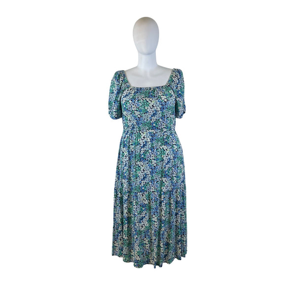 Loft Womens Blue Floral Rayon Smocked Midi Dress Size Large Short Slee Picky Thrifter Loft Womens Blue Floral Rayon Smocked Midi Dress Size Large Short Slee Picky Thrifter