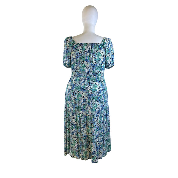 Loft Womens Blue Floral Rayon Smocked Midi Dress Size Large Short Sleeve - New