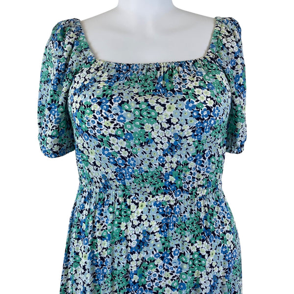 Loft Womens Blue Floral Rayon Smocked Midi Dress Size Large Short Sleeve - New