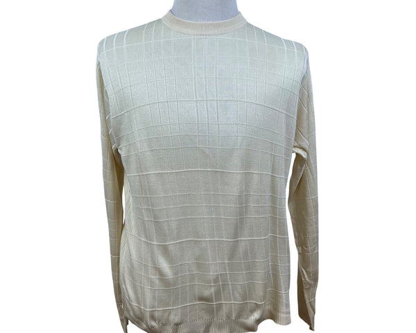 Bachrach Mens Cream 100% Silk Long Sleeve Sweater Grid Pattern Size L