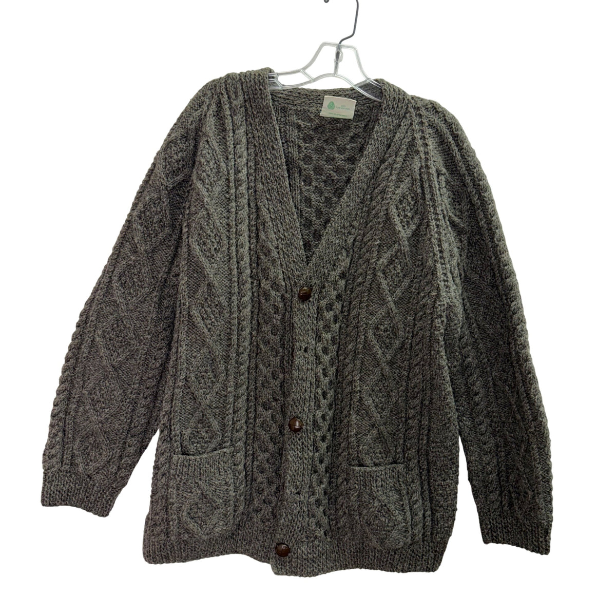 Barnas Mor Mens Gray Wool Hand-Knit Cardigan Cable Knit Button Front Ireland L