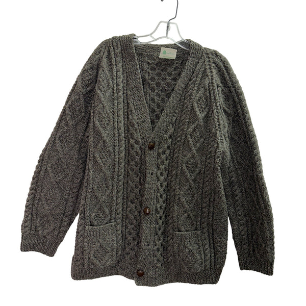 Barnas Mor Mens Gray Wool Hand-Knit Cardigan Cable Knit Button Front Ireland L
