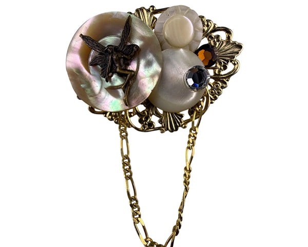 Vintage Gold Tone Filigree Fairy Brooch With Mother Of Pearl & Rhinestone