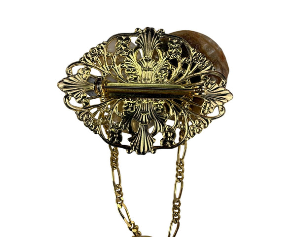 Vintage Gold Tone Filigree Fairy Brooch With Mother Of Pearl & Rhinestone