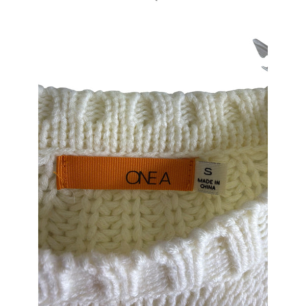 One A Womens Cream Knit Pullover Sweater Size S Crewneck Cable & Waffle Knit Ivory