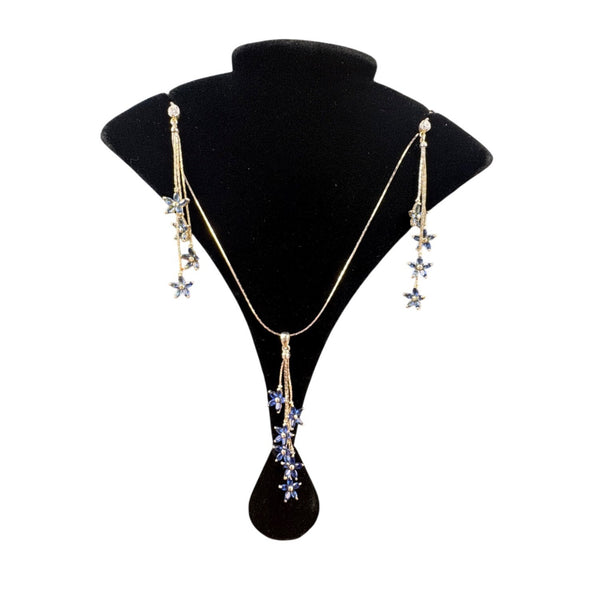 Sterling Silver Womens Blue Crystal Floral Necklace & Earrings Set Elegant Design 16" Length