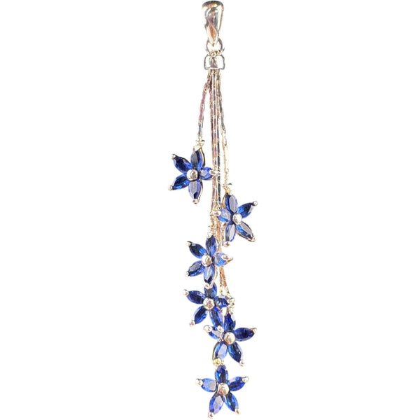 Sterling Silver Womens Blue Crystal Floral Necklace & Earrings Set Elegant Design 16" Length