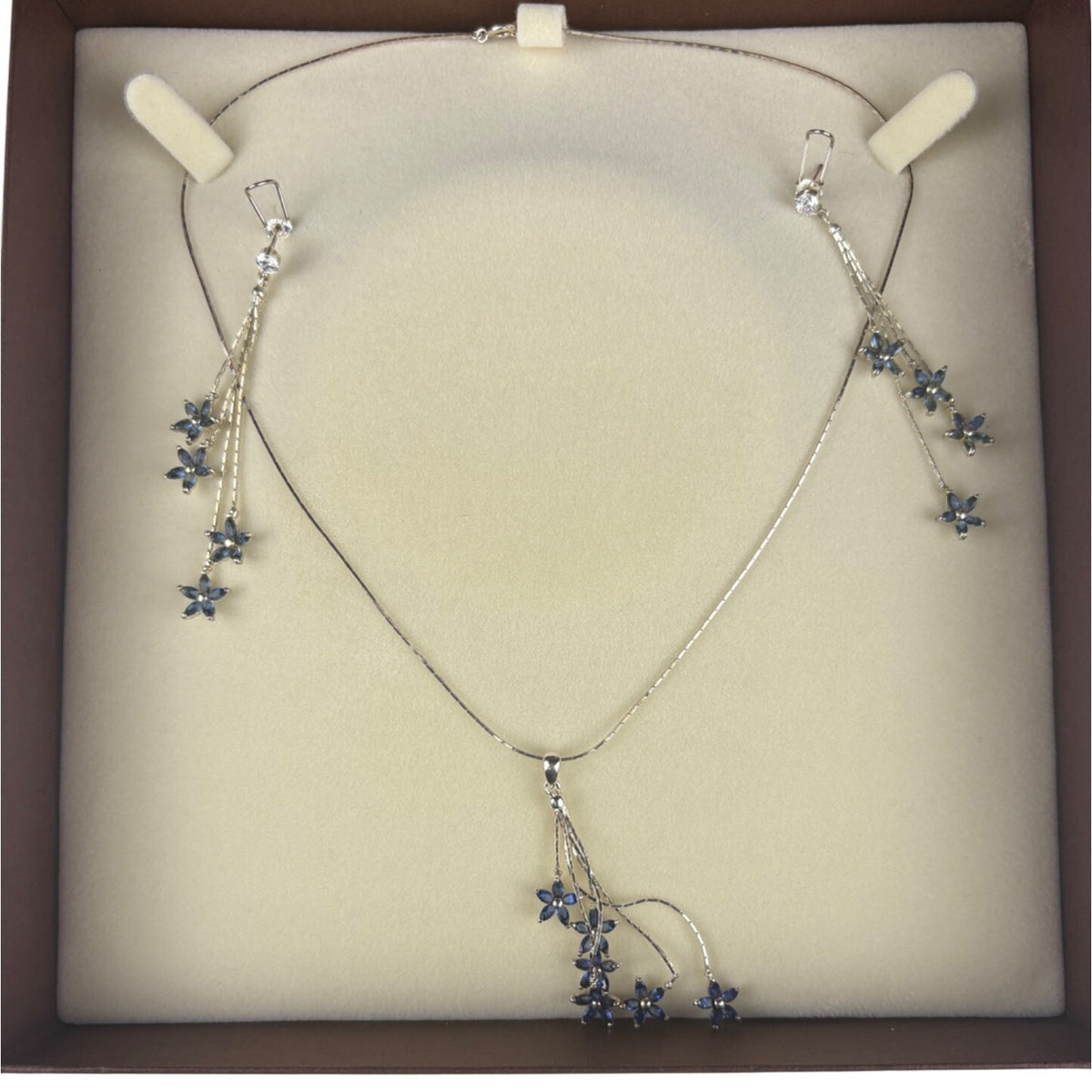 Sterling Silver Womens Blue Crystal Floral Necklace & Earrings Set Elegant Design 16" Length