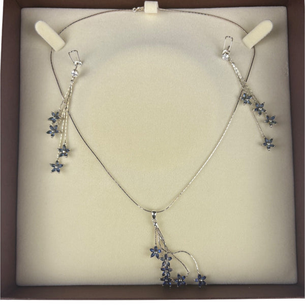 Sterling Silver Womens Blue Crystal Floral Necklace & Earrings Set Elegant Design 16" Length