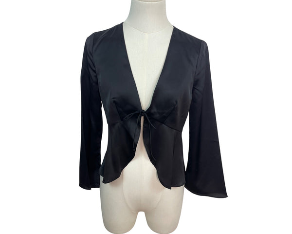 Albetine Black Satin Tie-Front Blouse Long Sleeve Size S - New