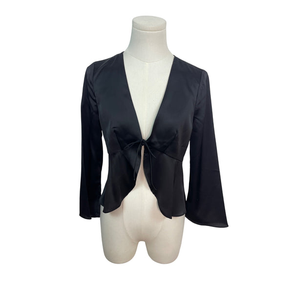 Albetine Black Satin Tie-Front Blouse Long Sleeve Size S - New