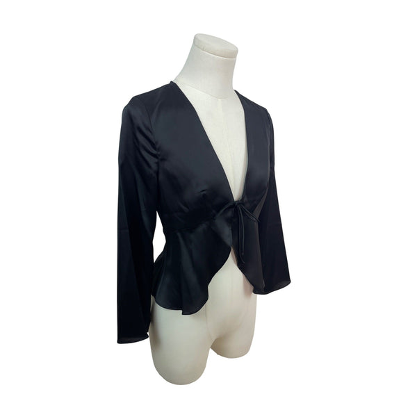 Albetine Black Satin Tie-Front Blouse Long Sleeve Size S - New