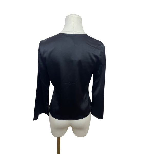 Albetine Black Satin Tie-Front Blouse Long Sleeve Size S - New