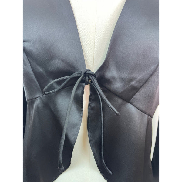 Albetine Black Satin Tie-Front Blouse Long Sleeve Size S - New