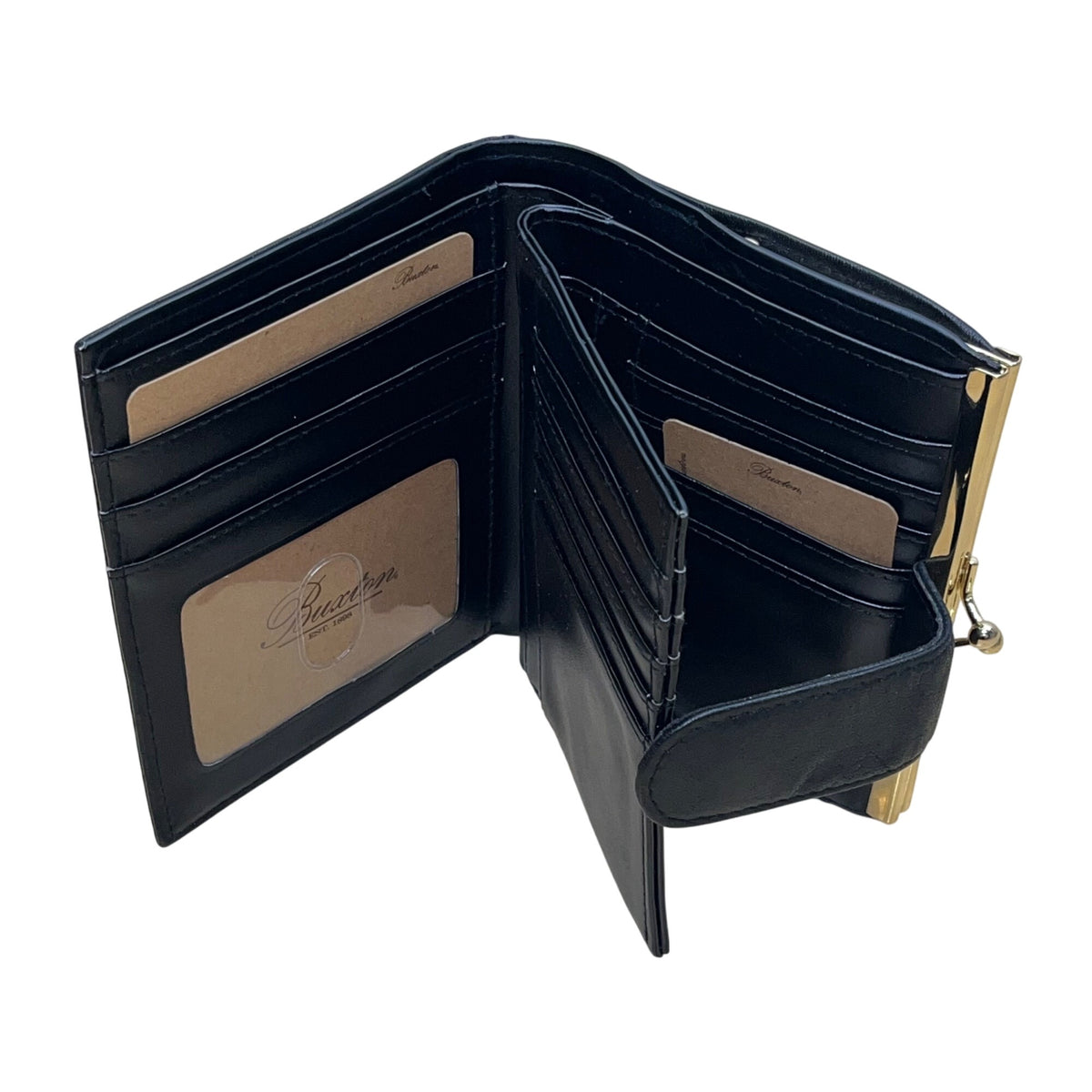Buxton Women’s Black Leather ID Window Double Kiss-Lock Classic Design Wallet