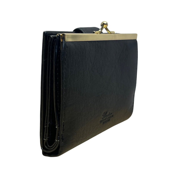 Buxton Women’s Black Leather ID Window Double Kiss-Lock Classic Design Wallet