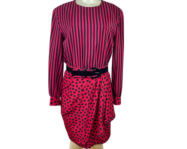 Vintage Bill Blass Women’s Red/Black Striped & Polka Dot Dress Long Sleeve Sz 8