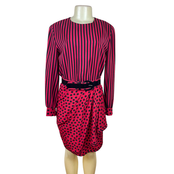 Vintage Bill Blass Women’s Red/Black Striped & Polka Dot Dress Long Sleeve Sz 8