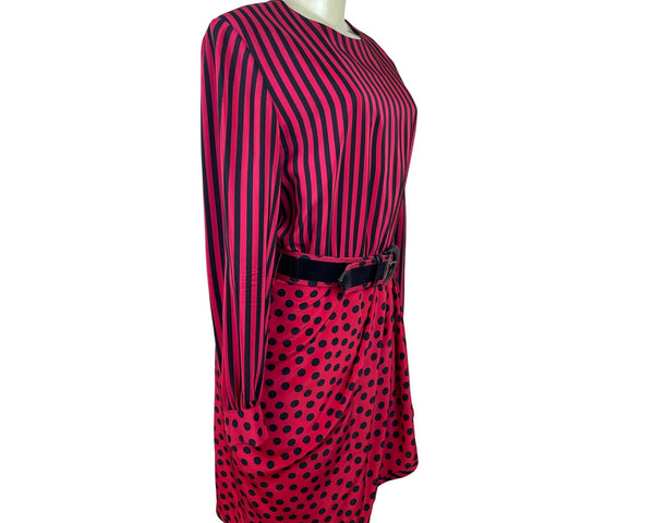 Vintage Bill Blass Women’s Red/Black Striped & Polka Dot Dress Long Sleeve Sz 8
