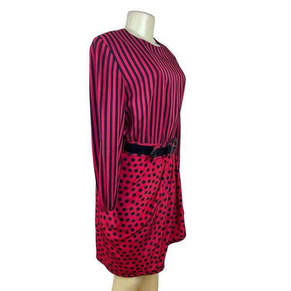 Vintage Bill Blass Women’s Red/Black Striped & Polka Dot Dress Long Sleeve Sz 8