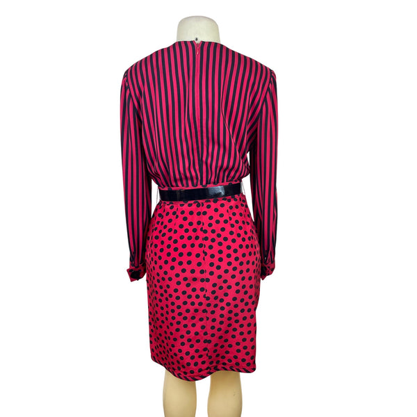 Vintage Bill Blass Women’s Red/Black Striped & Polka Dot Dress Long Sleeve Sz 8