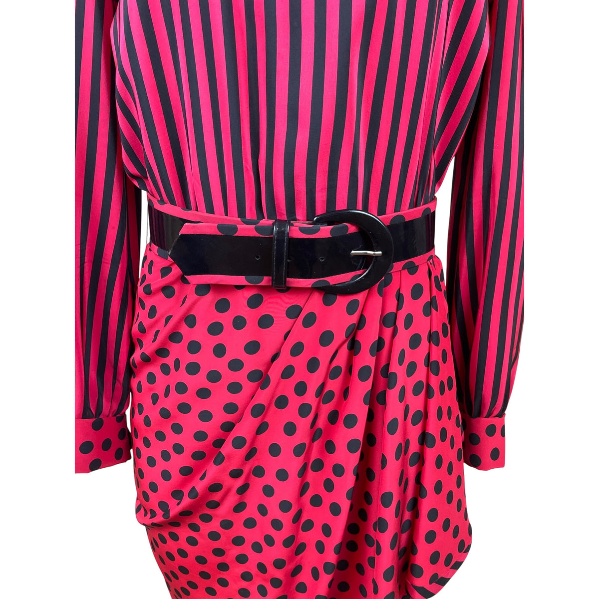 Vintage Bill Blass Women’s Red/Black Striped & Polka Dot Dress Long Sleeve Sz 8
