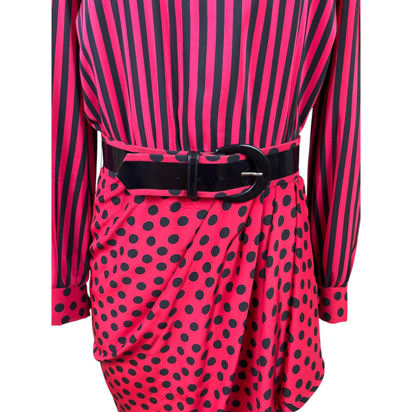 Vintage Bill Blass Women’s Red/Black Striped & Polka Dot Dress Long Sleeve Sz 8