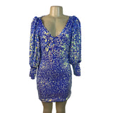 Women's Blue Sequin Puff Sleeve Mini Dress With Deep V-Nec Sz S