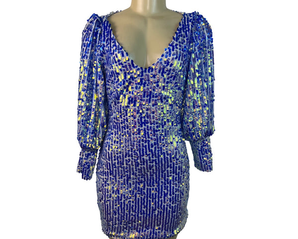 Women's Blue Sequin Puff Sleeve Mini Dress With Deep V-Nec Sz S