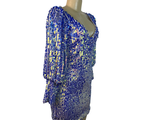 Women's Blue Sequin Puff Sleeve Mini Dress With Deep V-Nec Sz S