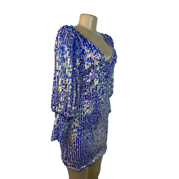 Women's Blue Sequin Puff Sleeve Mini Dress With Deep V-Nec Sz S