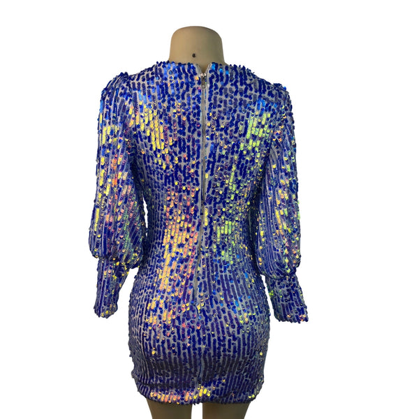 Women's Blue Sequin Puff Sleeve Mini Dress With Deep V-Nec Sz S