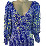 Women's Blue Sequin Puff Sleeve Mini Dress With Deep V-Nec Sz S