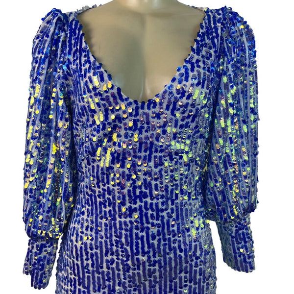 Women's Blue Sequin Puff Sleeve Mini Dress With Deep V-Nec Sz S