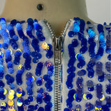 Women's Blue Sequin Puff Sleeve Mini Dress With Deep V-Nec Sz S