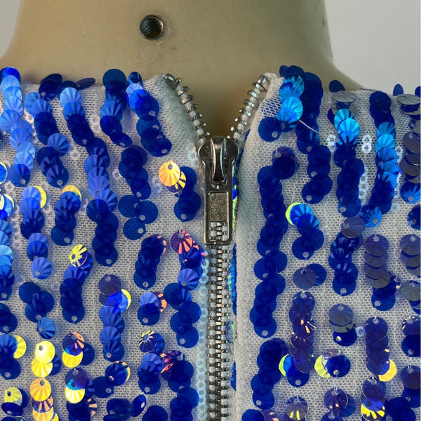 Women's Blue Sequin Puff Sleeve Mini Dress With Deep V-Nec Sz S