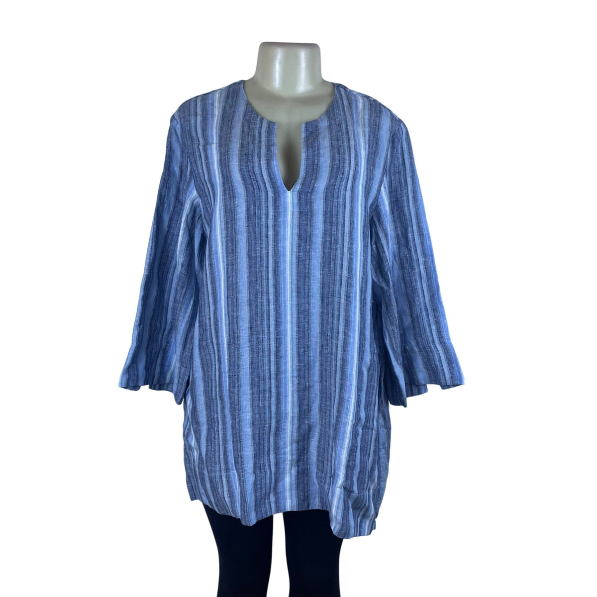Lands’ End Blue/White Women’s V-Neck Tunic Top Striped 3⁄4 Sleeves Large - New