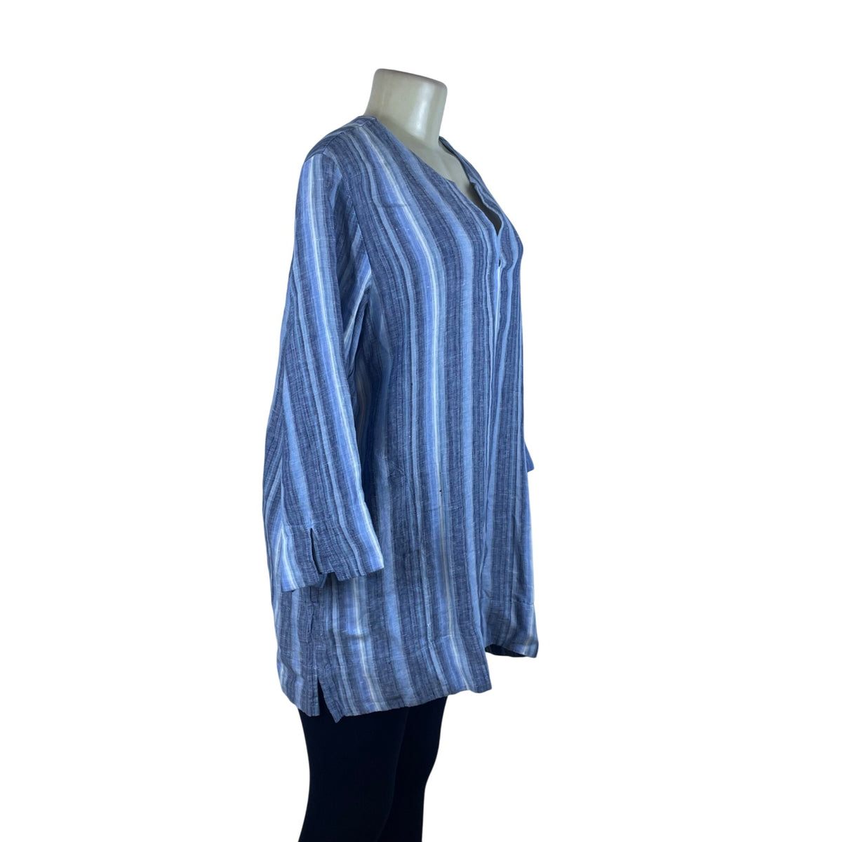 Lands’ End Blue/White Women’s V-Neck Tunic Top Striped 3⁄4 Sleeves Large - New