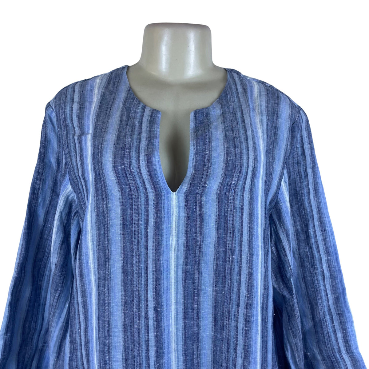 Lands’ End Blue/White Women’s V-Neck Tunic Top Striped 3⁄4 Sleeves Large - New
