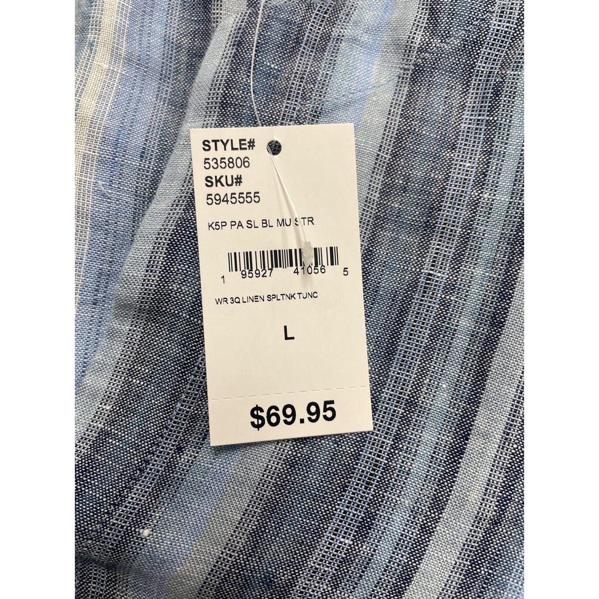 Lands’ End Blue/White Women’s V-Neck Tunic Top Striped 3⁄4 Sleeves Large - New