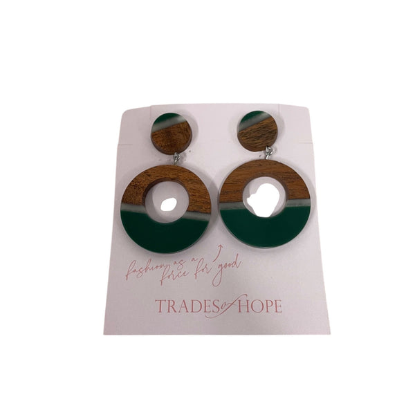 Trades Of Hope Womens Green Wood & Resin Round Dangle Earrings Sustainable Handmade