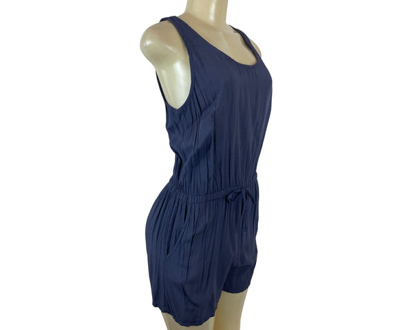 Boohoo Womens Navy Sleeveless Tie-Back Romper With Elastic Waist Sz M- New