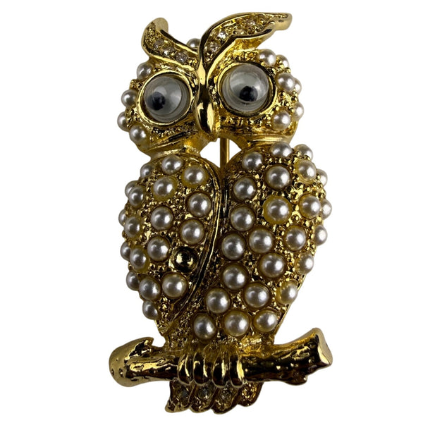 Gold Tone Vintage Owl Brooch Pin Womens Faux Pearl Studded Jewelry