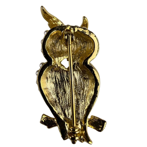 Gold Tone Vintage Owl Brooch Pin Womens Faux Pearl Studded Jewelry