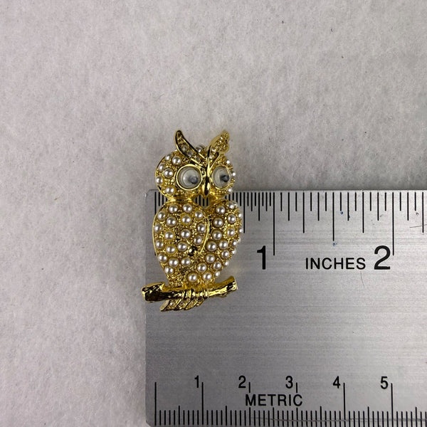 Gold Tone Vintage Owl Brooch Pin Womens Faux Pearl Studded Jewelry