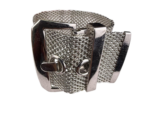 Wide Silver Tone Mesh Buckle Bracelet For Women Statement Cuff Retro Metalwork