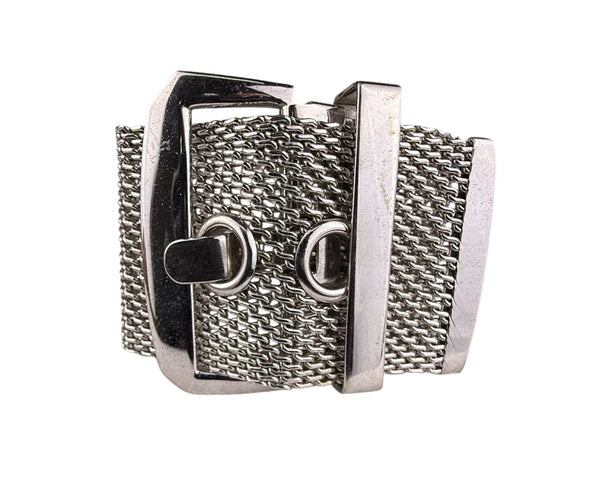 Wide Silver Tone Mesh Buckle Bracelet For Women Statement Cuff Retro Metalwork