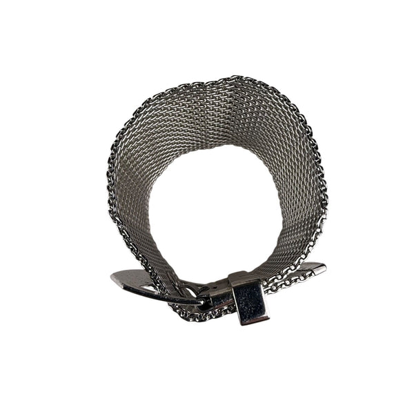 Wide Silver Tone Mesh Buckle Bracelet For Women Statement Cuff Retro Metalwork