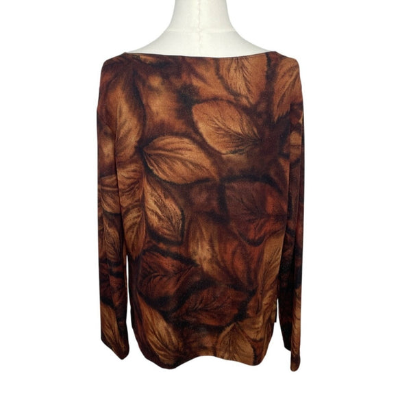 Chicos Design Brown And Orange Autumn Leaf Print Long Sleeve Womens Shirt Sz 3