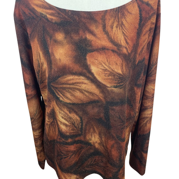 Chicos Design Brown And Orange Autumn Leaf Print Long Sleeve Womens Shirt Sz 3